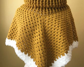 Crocheted Cowl Neck Poncho. Mustard. Gold. Granny Square. Ribbed.