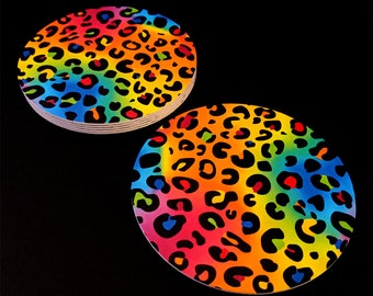 Rainbow Leopard Print Coasters, Pack of 6, Absorbent Eco-Friendly Coaster Board , 90's Party Décor, Holiday Party Supplies