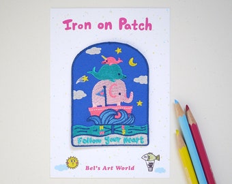 Follow your heart - elephant / whale and narwhal iron On Patch