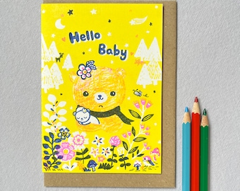 Hello Baby bear - A6 risograph greeting Card - riso cute bear new arrival card