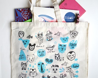 Funny faces- Hand printed large tote bag