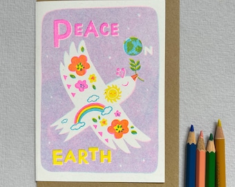 Carte La paix sur terre - risographe les vacances avec une colombe arc-en-ciel de la paix