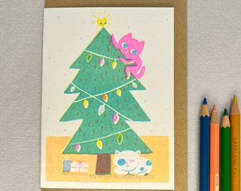 Happy Holiday kitty Xmas tree  - risograph cute cats holidays Card