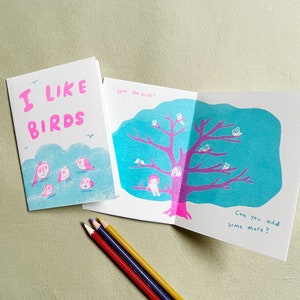 I Like Birds Zine A6 Risograph Zine Sky blue and pink colourway image 1