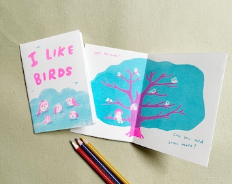 I Like Birds Zine - A6 Risograph Zine (Sky blue and pink colourway)