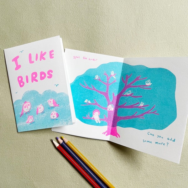 I Like Birds Zine - A6 Risograph Zine (Sky blue and pink colourway)