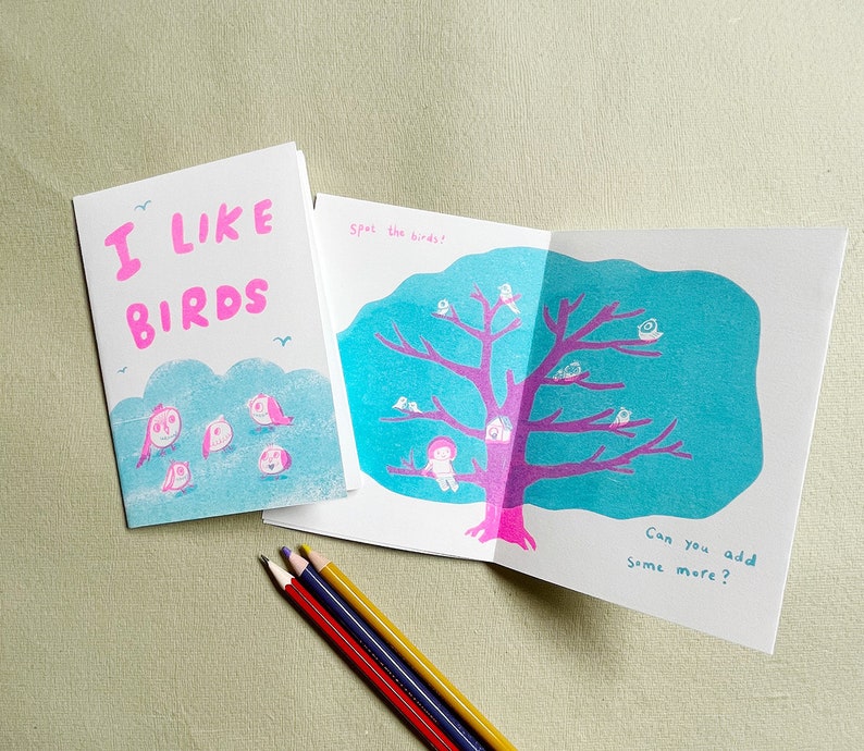 I Like Birds Zine A6 Risograph Zine Sky blue and pink colourway image 1