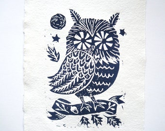 Owl in woodland- Original Linocut print