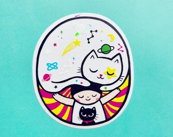 Magical space cat window decal - Rainbow maker window sticker