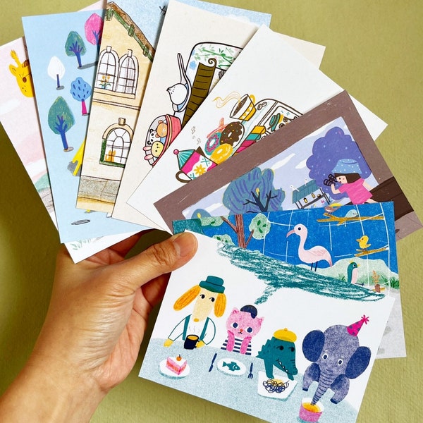 Illustrative Postcards - cute adventure travel A6 postcard