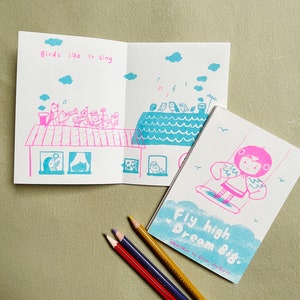 I Like Birds Zine A6 Risograph Zine Sky blue and pink colourway image 2