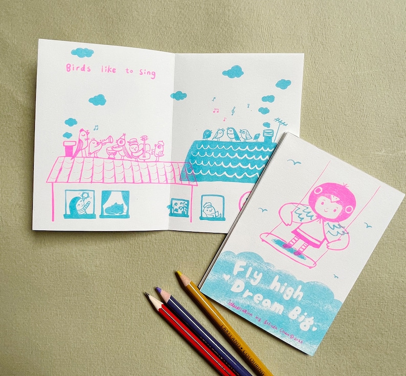 I Like Birds Zine A6 Risograph Zine Sky blue and pink colourway image 2