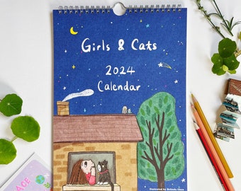 Girls and Cats 2024 calendar- A4 Wall Calendar