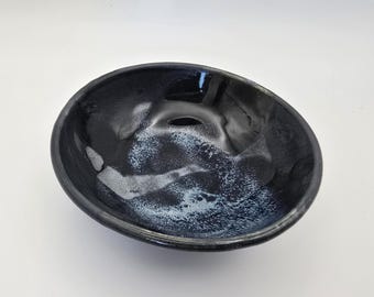 Vintage studio pottery bowl - Bicton - Black glazed trinket dish with white detail