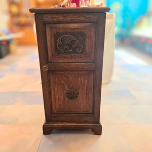 Antique Carved Oak Bedside Table Nightstand - Rose Decoration Brass Handle Pot Cupboard c.1910
