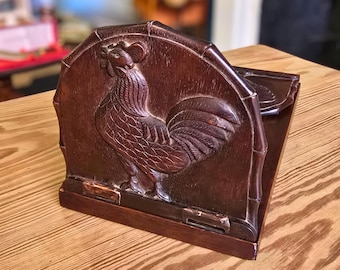 Antique expanding dark wood book slide roosters and bamboo detail