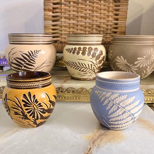 May include: A selection of ceramic pots in shades of beige, yellow, and blue. Each pot is adorned with an embossed botanical pattern, including ferns and flowers. The pots are presented on a decorative surface.
