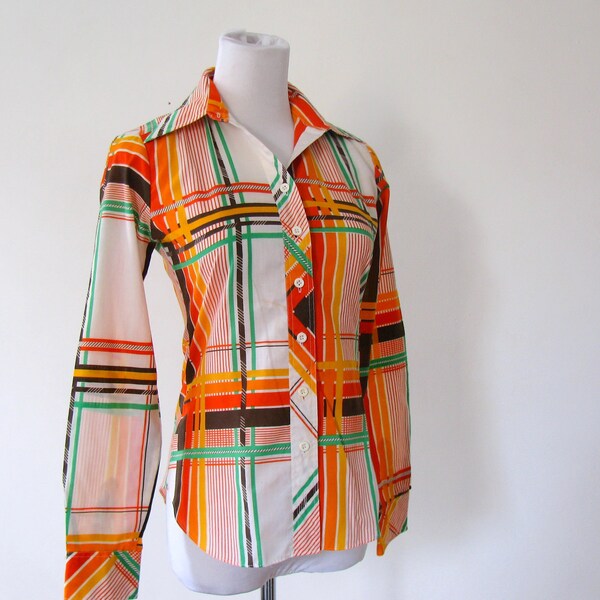 70s Checked Shirt XXS S Skinny fit Shirt Orange Green