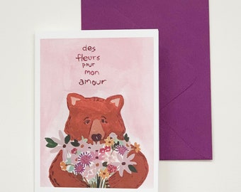 Valentine card, greeting card, flowers for my love, french card, bear, pink, spring, easter card, card, flower bouquet, mail
