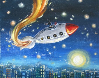 Rocket City - KUNSTDRUCK 12x12, Weltraum, Sterne, Mond, Rakete