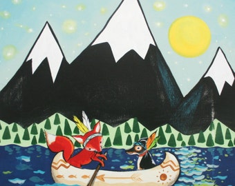White Caps Yellow Moon- Print, Waldtiere, Fuchs, Hund, Camping, Haushaltswaren. Baby, Kinder, Kunst für Kinder