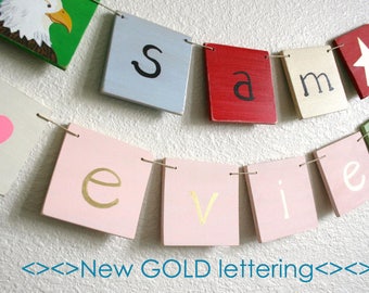 Namensbanner, Namensbanner aus Holz, Namensbanner aus Holz, Namensbanner, Kunst für Kinder, Kinderzimmer, Tiere, Herzen, Sterne, Kunst, Banner