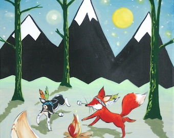 Camping Kunst, Marshmallow Dance- Print, Waldtiere, Fuchs, Hund, Camping, Haushaltswaren. Baby, Kinder, Kunst für Kinder