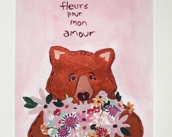 Bear print, flower print, flowers, bouquet of flowers, nursery, office print, floral art, illustration, Baby, kids, art for kids