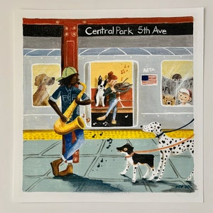 Subway Vibe, Subway Art, music art, music illustration, Saxophone art, violin art, dog art, music theatre art, nyc art, central park art