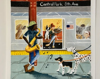 U-Bahn Vibe, U-Bahn Kunst, Musik Illustration, Saxophon Kunst, Violine Kunst, Hund Kunst, Musik Theater Kunst, Nyc Kunst, Central Park Kunst