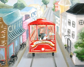 San Francisco Print, Take the Trolley 8x8", Hawk Art, san francisco trolley print, red trolley, housewares, room deco
