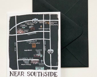 Map card, map, city, fort worth, texas, near southside, black and white, city map, greeting card, mail