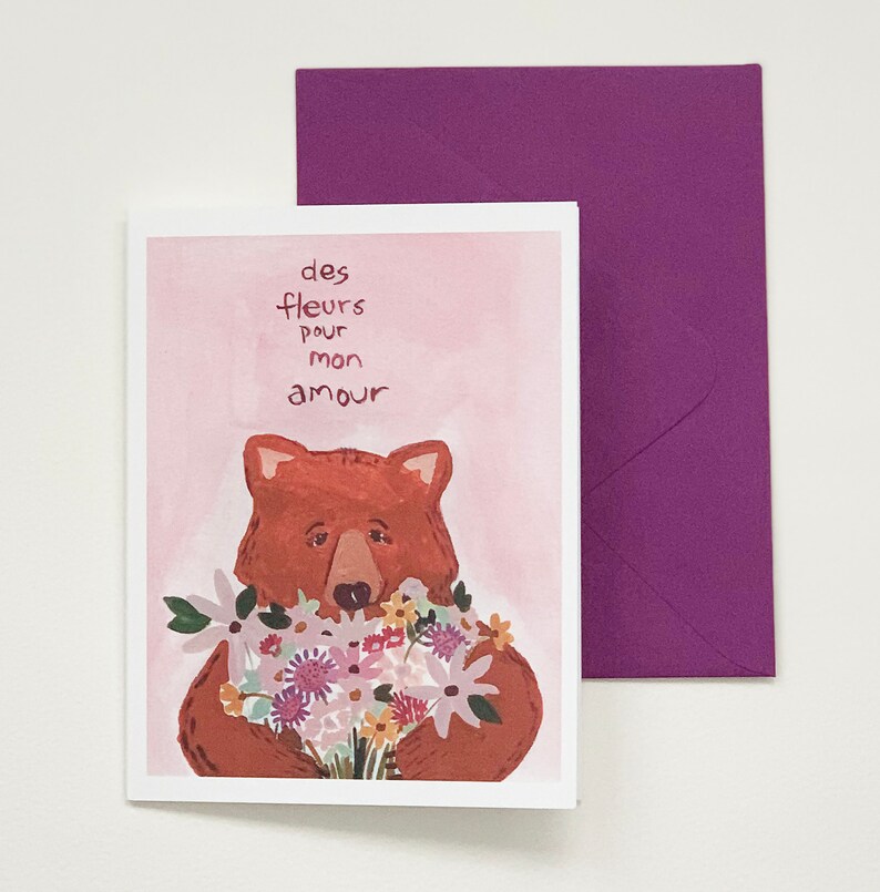 Valentine card, greeting card, flowers for my love, french card, bear, pink, spring, easter card, card, flower bouquet, mail image 1