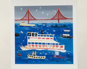 Midnight Ferry and Company- Print, sailboats, boats, San Francisco, ferry,nautical, housewares. Baby, kids, art for kids, decor