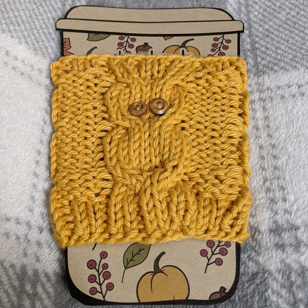 Yellow Owl Cup Cozy, Hand Knit Coffee Mug Cozy, Reusable Paper Cup Sleeve, Eco Friendly Coffee Cup Jacket, Travel Cup Cozy