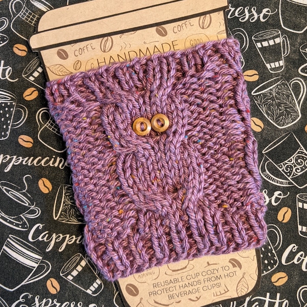 Grape Tweed Owl Cup Cozy, Hand Knit Coffee Mug Cozy, Reusable Paper Cup Sleeve, Eco Friendly Coffee Cup Jacket, Travel Cup Cozy