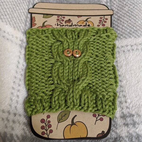 Green Owl Cup Cozy, Hand Knit Coffee Mug Cozy, Reusable Paper Cup Sleeve, Eco Friendly Coffee Cup Jacket, Travel Cup Cozy