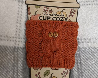 Orange Owl Cup Cozy, Hand Knit Coffee Mug Cozy, Reusable Paper Cup Sleeve, Eco Friendly Coffee Cup Jacket, Travel Cup Cozy