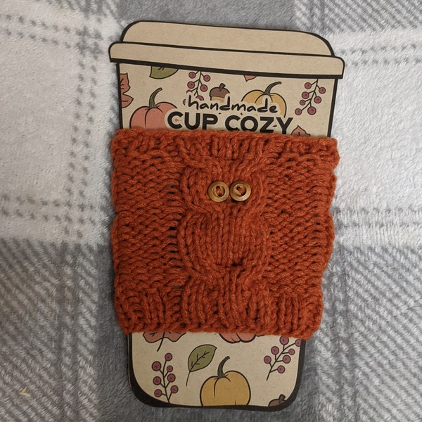 Orange Owl Cup Cozy, Hand Knit Coffee Mug Cozy, Reusable Paper Cup Sleeve, Eco Friendly Coffee Cup Jacket, Travel Cup Cozy