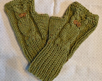 Olive Tweed Owl Fingerless Mittens, Hand Knit