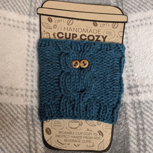 Dark Teal Owl Cup Cozy, Hand Knit Coffee Mug Cozy, Reusable Paper Cup Sleeve, Eco Friendly Coffee Cup Jacket, Travel Cup Cozy