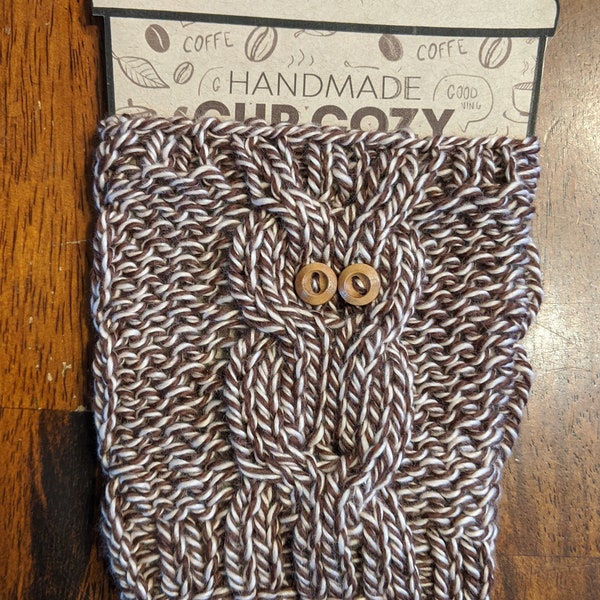 Brown/White Owl Cup Cozy, Hand Knit Coffee Mug Cozy, Reusable Paper Cup Sleeve, Eco Friendly Coffee Cup Jacket, Travel Cup Cozy