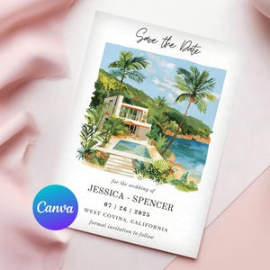 Locatie Save the Date-kaart met GRATIS enveloppen, JOUW BEELD, aquarel trouwlocatie, schets schilderij tekening Save the Date-kaarten