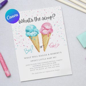 Quelle est la boule d'invitation à révéler le sexe, imprimable, garçon ou fille, invitation à une fête d'été avec crème glacée, carte, bricolage instantané, 5 x 7