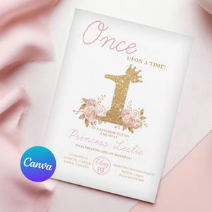 Princess 1st Birthday Party Invitations, One-ce Upon a Time First Birthday Invitation, Girl First Birthday Editable Invitation, Editable 5x7