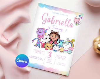 Faire-part d'anniversaire maison de poupée modifiable Gabby, fête d'anniversaire modifiable Gabby, téléchargement immédiat, invitation numérique, faire-part d'anniversaire fille