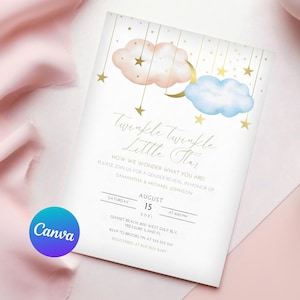 Twinkle Twinkle Little Star Gender Reveal Invitation, Gold Moon and Stars Gender Reveal Party Invite Template, He Or She, Boy Or Girl
