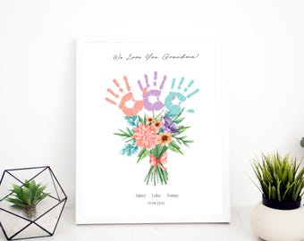 Impression d'art personnalisée pour la Saint-Valentin, empreinte de main, souvenir d'amour, bouquet de fleurs, empreinte de main, art floral, cadeau de fête des grands-parents, cadeau d'empreinte de main d'enfants pour grand-mère
