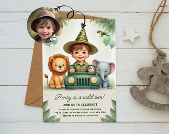 Bearbeitbare Safari-Geburtstagseinladung. Wild One Geburtstagseinladung mit Foto. Safari Einladungskarte zum 1.Geburtstag. Dschungel-Geburtstag. 1.Erster.