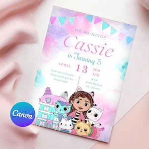 Editable Gabby&#39;s Dollhouse Birthday Invitation, Editable Gabby Birthday Party, Instant Download Digital Invite, Girl Birthday Invitation